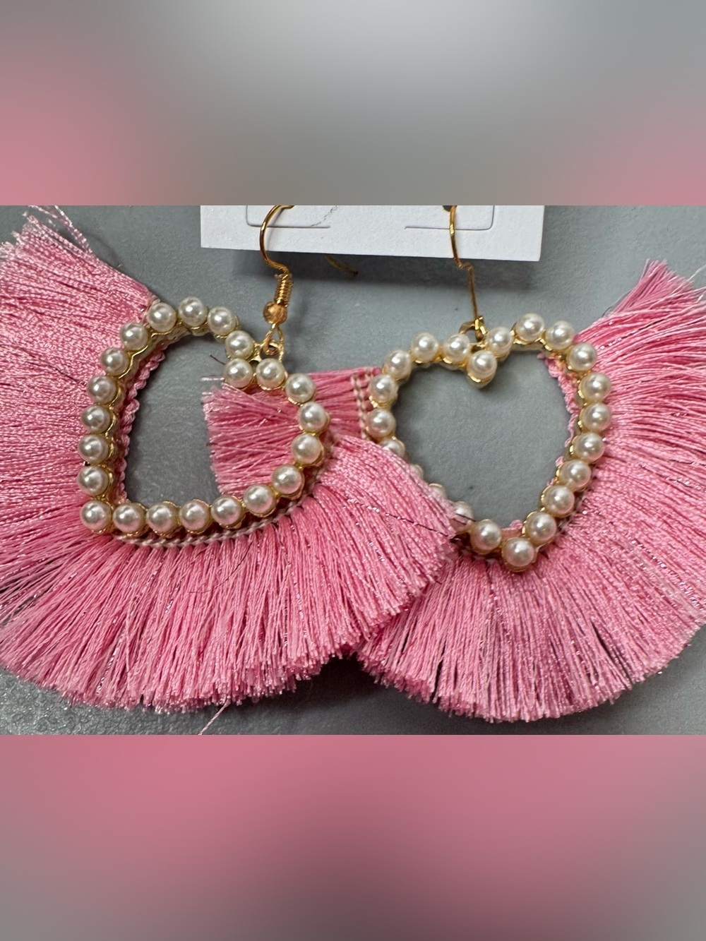 Pastel Pink Pearl Heart Tassel fan Earrings with Pearl accents coquette girly